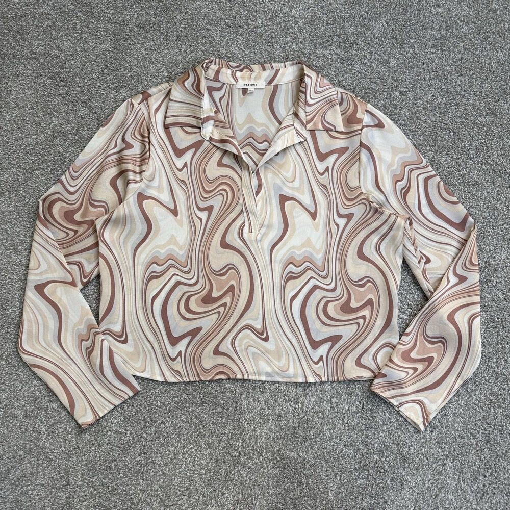 Pleione Anthropologie Blouse Womens Small Brown Marble Swirl Collared Abstract